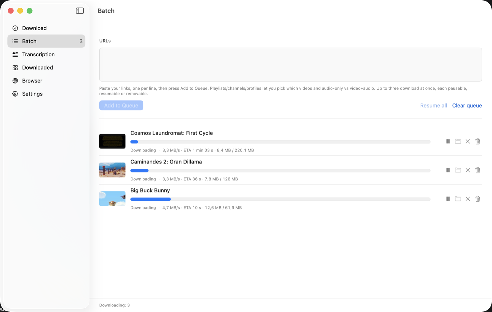 The Yaniko batch queue: three downloads running at once