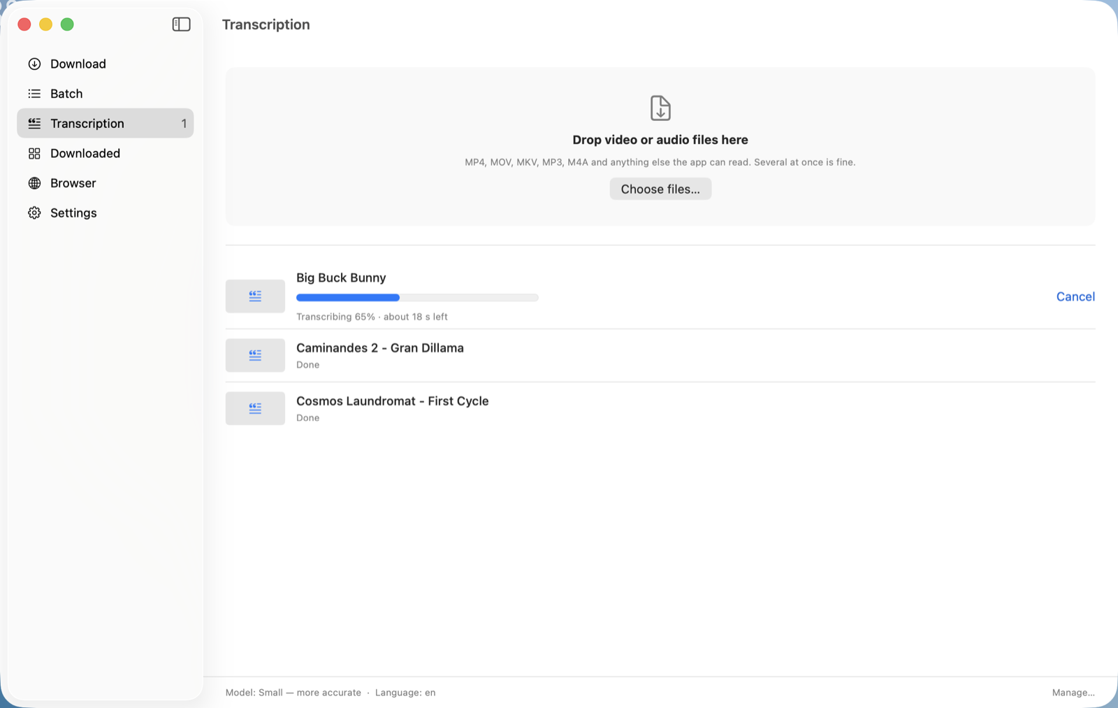 The Yaniko Transcription tab: three files, one being transcribed with the time left, two done